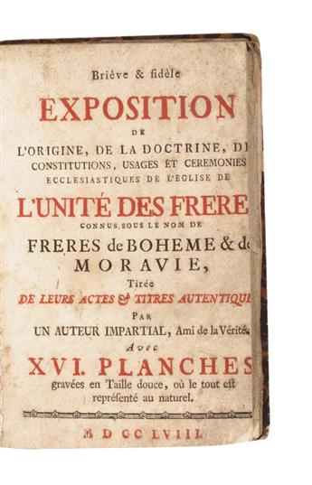 (MORAVIAN CHURCH.) [Cranz, David.] Briève & Fidèle Exposition de lOrigine [etc.] . . . de lÉglise de lUnité des Frères.  1758